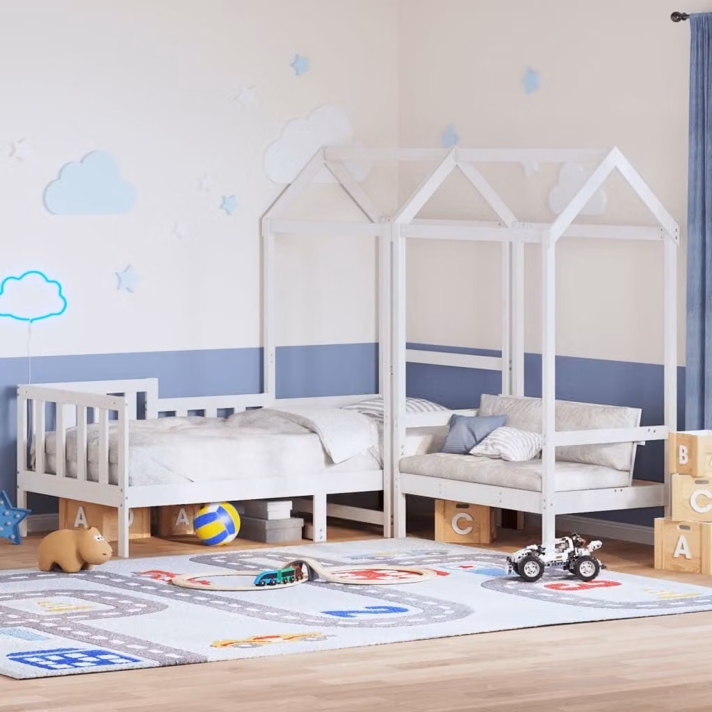 Set Letto a Casetta con Panca vidaXL in Legno di Pino Massello Bianco L 200 x L 80 cm