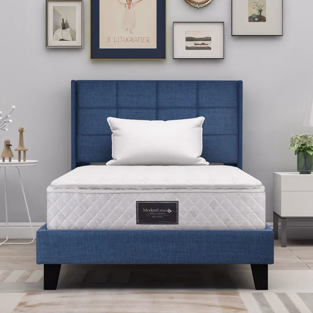 Letto imbottito REDOM in lino blu con materasso incluso e rete a doghe L/P: 90 x 200 cm – 2