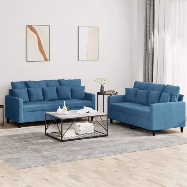 Set di 2 divani vidaXL in velluto blu con cuscini per soggiorno in stile moderno