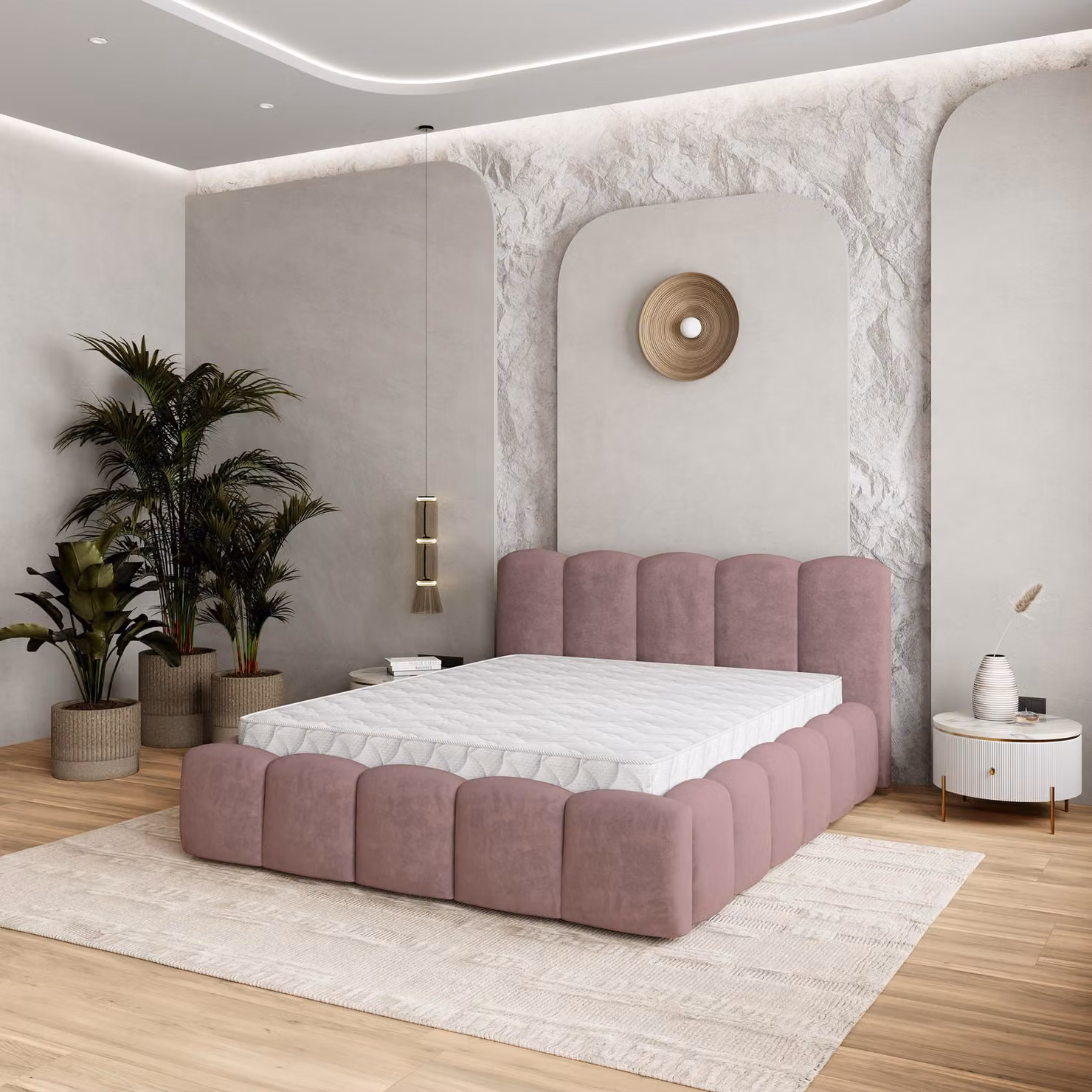 Letto imbottito Masseno FALINA K 200x200 cm, letto imbottito con cassetti - Rosa, KRONOS 27