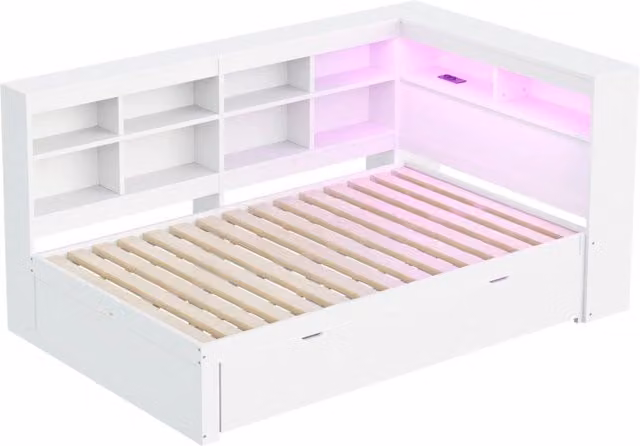 Letto matrimoniale multifunzionale in legno massiccio 140x200 cm con grandi cassetti, USB e striscia LED, bianco