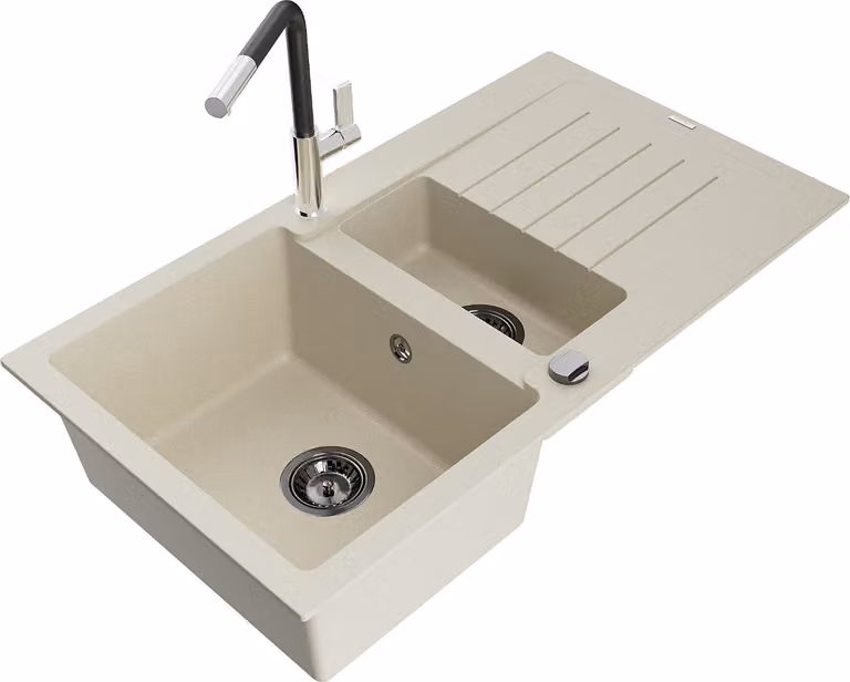 Mexen Matias lavello in granito 1,5 vasche con scolapiatti e rubinetto da cucina Flora, beige - 6502-69-670401-07-B