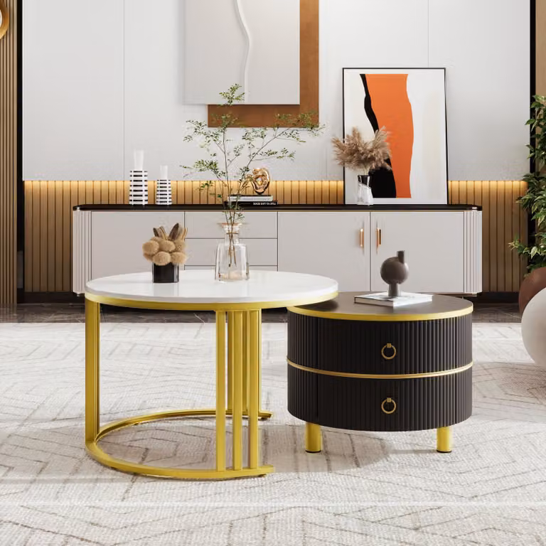 Set di tavolini da salotto Merax 2-in-1, con finitura lucida, forma rotonda, tavolo con 2 cassetti, aspetto marmo, tavolino ausiliario in MDF, colore nero