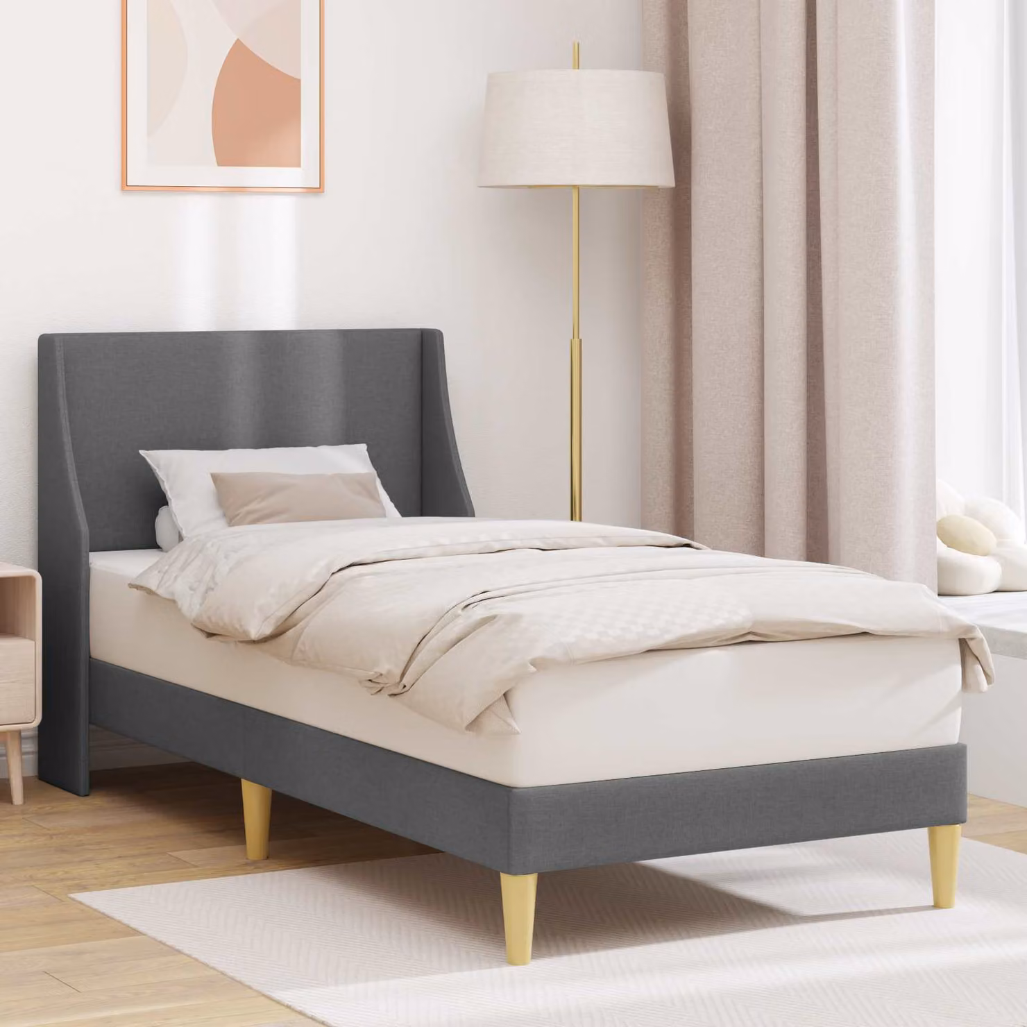Struttura del letto moderna vidaXL in tessuto e legno, Grigio, 90 x 190 cm
