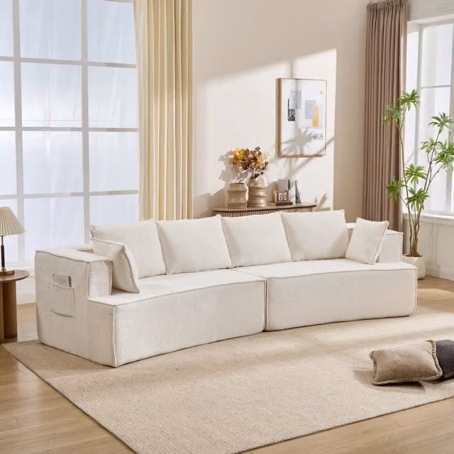 Divano angolare modulare MIVRAY bianco con silhouette curva e seduta in schiuma elastica e molle a vite per soggiorno
