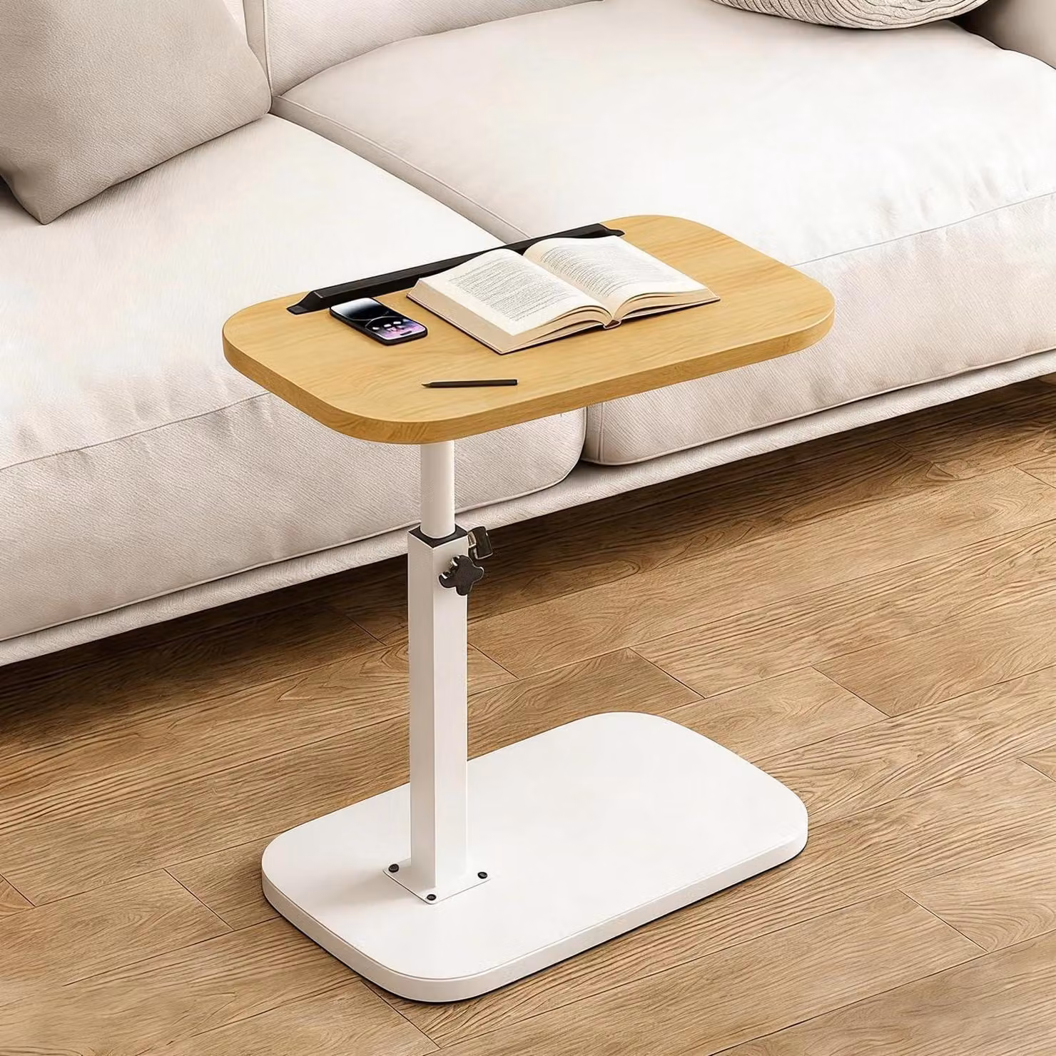 Tavolino girevole, con altezza regolabile da 45 a 80 cm, rialzabile e pieghevole, ideale come comodino o tavolino da caffè, in stile retrò, con finitura in legno e ripiano bianco