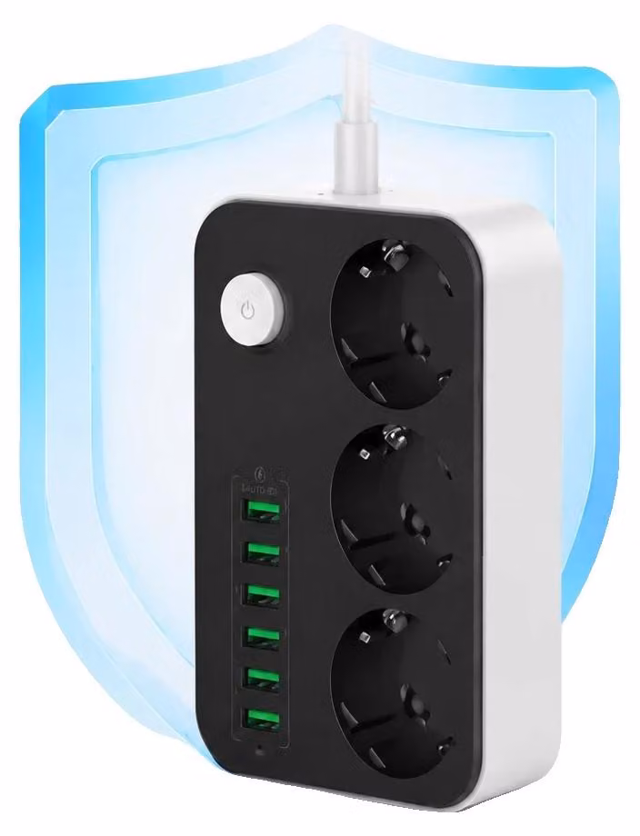 Ciabatta multipresa, 3 prese AC, 6 porte USB intelligenti, potenza massima di 2500W, cavo di alimentazione da 2 metri, protezione da sovratensione