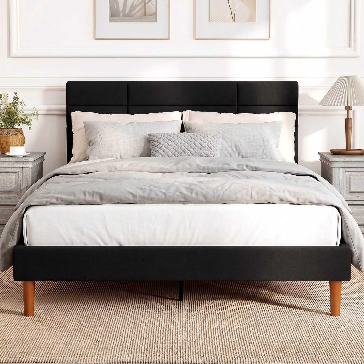 Letto matrimoniale imbottito HOMCOM con effetto lino, rete a doghe e spazio contenitivo, nero, L/P: 140 x 200 cm – 2