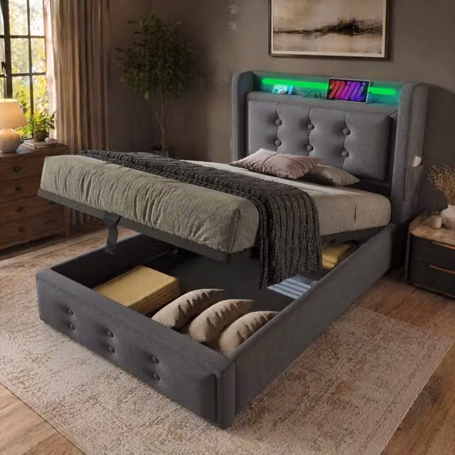 Letto singolo con contenitore Mivray grigio con illuminazione LED, prese USB e Type-C e mensola integrata, L/P: 90 x 200 cm