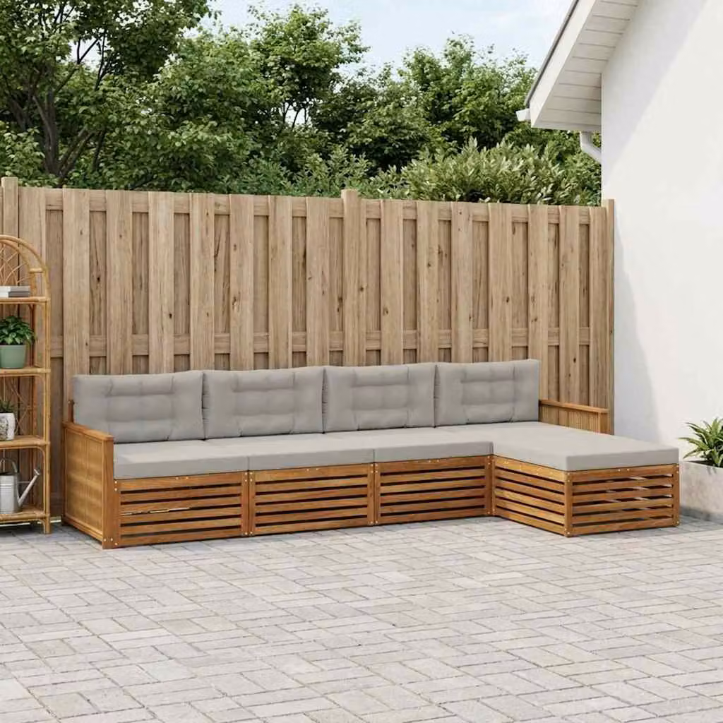 Set di divani da esterno a L vidaXL in legno di acacia con pouf e cuscini, Beige, Grigio e Marrone