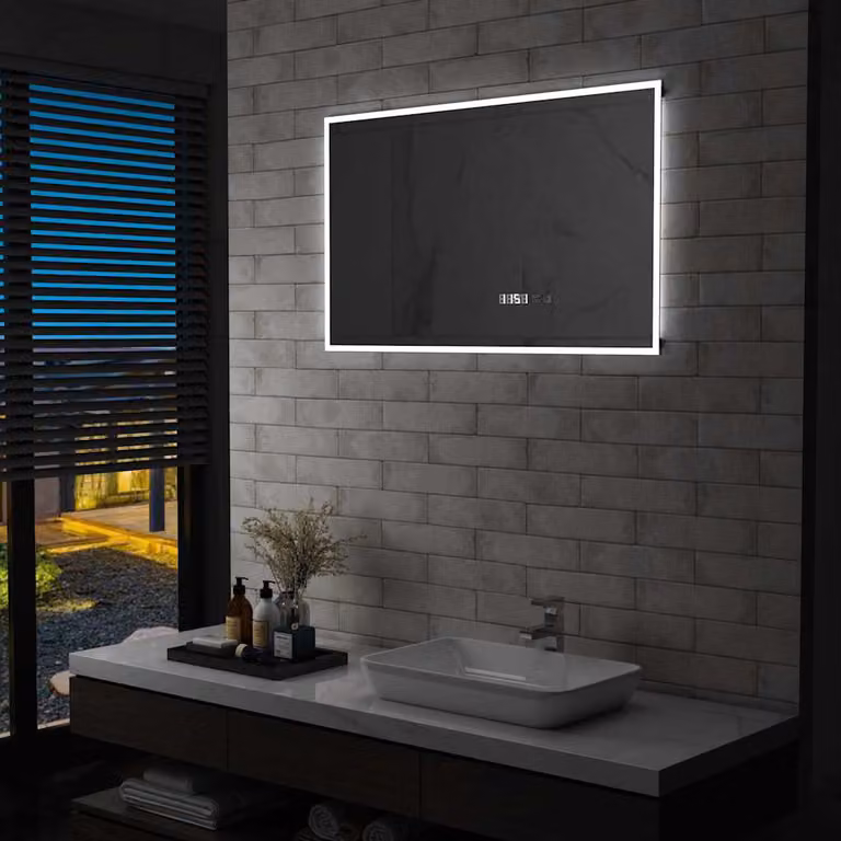 Specchio da bagno con LED vidaXL, con sensore tattile e display orario, L: 100 cm, H: 60 cm, disponibile in argento o nero