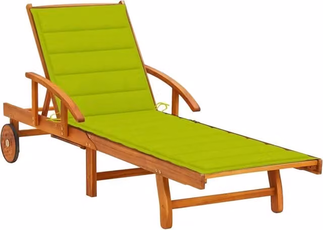 Lettino prendisole Outsunny in legno di acacia con cuscino verde e ruote per giardino e patio