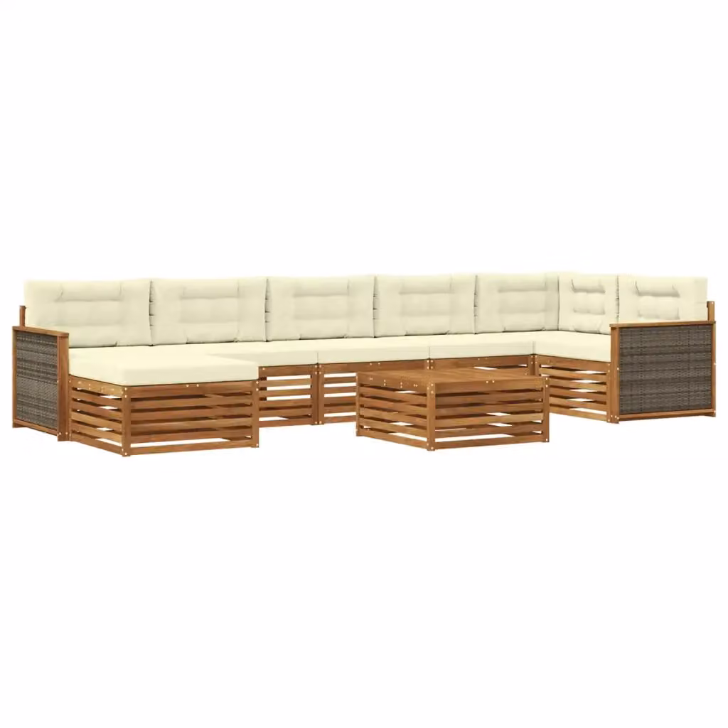 Set di divani da esterno a L vidaXL in legno di acacia con pouf e tavolino, colore beige e bianco – 2