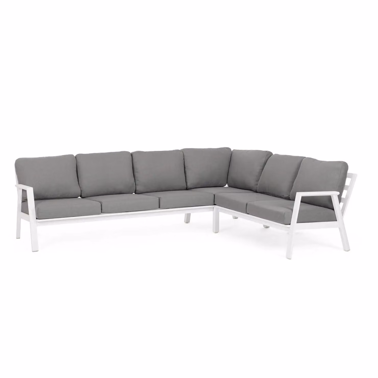 Set salotto angolare da giardino PENICHE con cuscini grigi e struttura in alluminio bianco