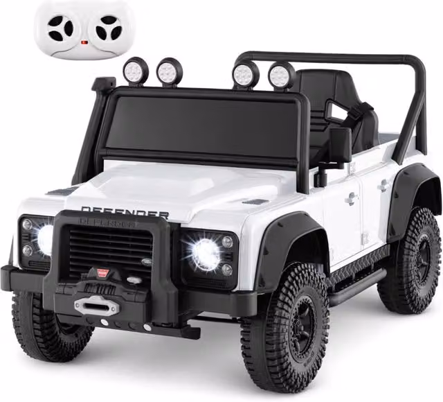 Macchinina elettrica Land Rover bianca con telecomando parentale, fari luminosi e batteria ricaricabile, L: 115 cm, P: 61 cm, H: 61 cm