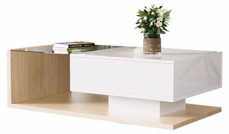 Tavolino da caffè in legno bianco, finitura lucida, vetro, effetto LED, design moderno