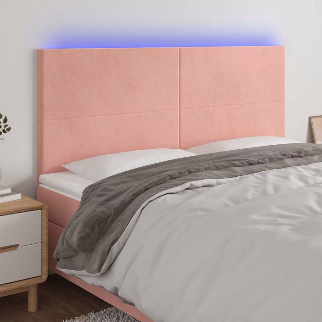 Testiera per letto vidaXL in velluto rosa con illuminazione LED e porta di ricarica USB, L: 180 cm, P: 5 cm, H: 118/128 cm