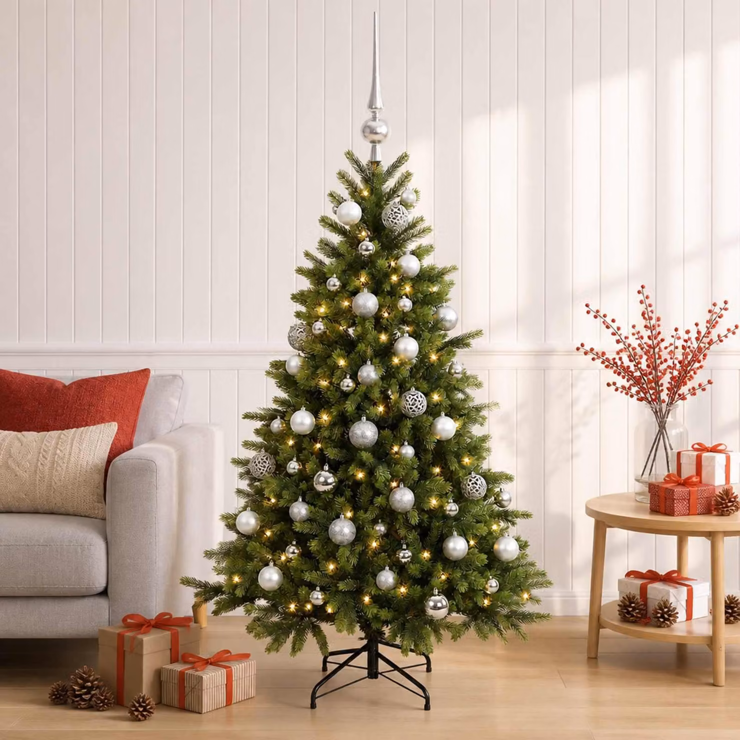 Albero di Natale artificiale con decorazioni natalizie, altezza 150 cm, 150 luci LED