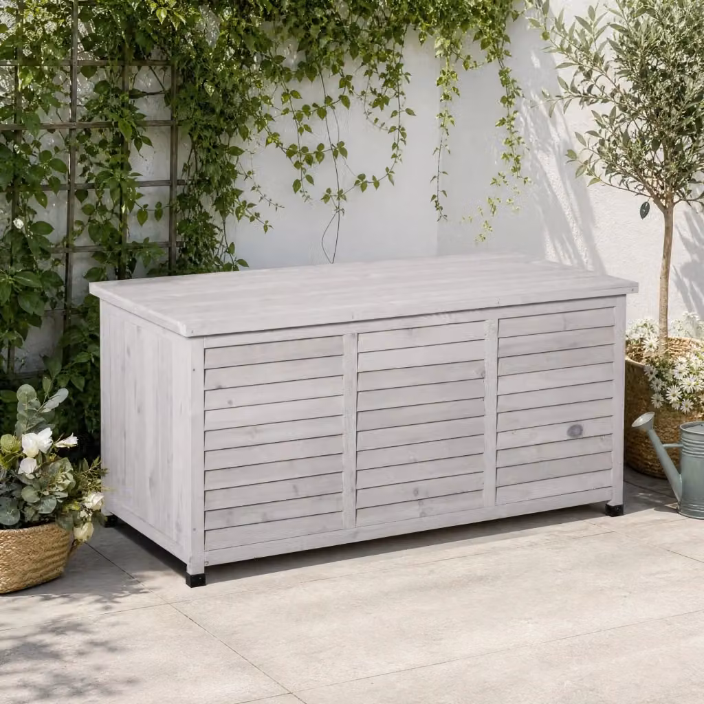 Cassapanca da esterno WISHDOR in legno di abete impermeabile, colore grigio chiaro, L 127 cm x P 56 cm x H 60 cm – 2