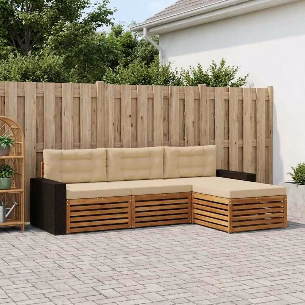 Set di divani da esterno vidaXL 4 pezzi in legno di acacia con pouf e cuscini, colore marrone e beige