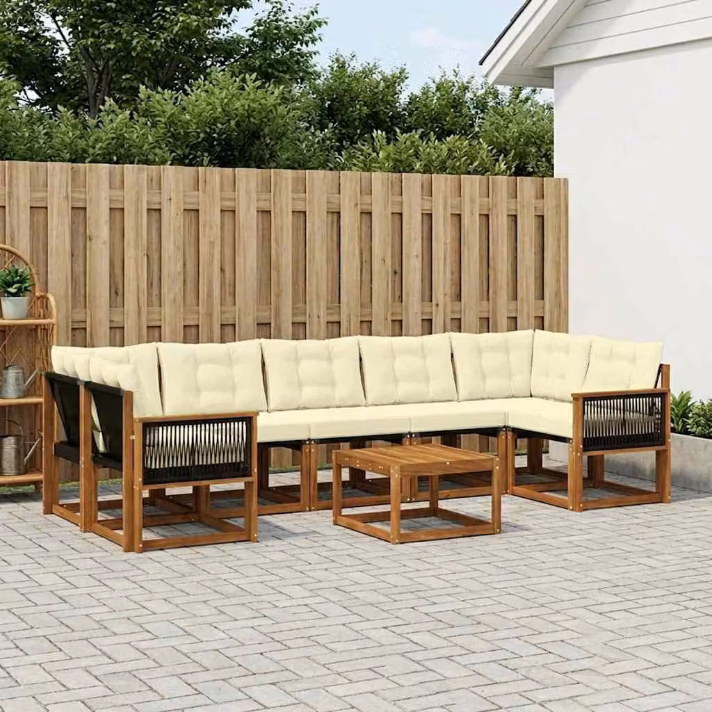 Set di divani da esterno vidaXL 8 pz in legno di acacia con cuscini beige e marrone e tavolino da giardino