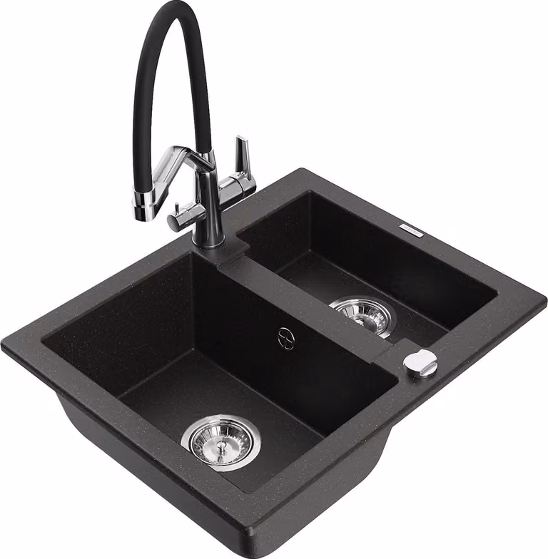 Mexen Carlos lavello in granito a 1,5 vasche con rubinetto da cucina Duo, nero/oro metallizzato - 6518-75-671701-07
