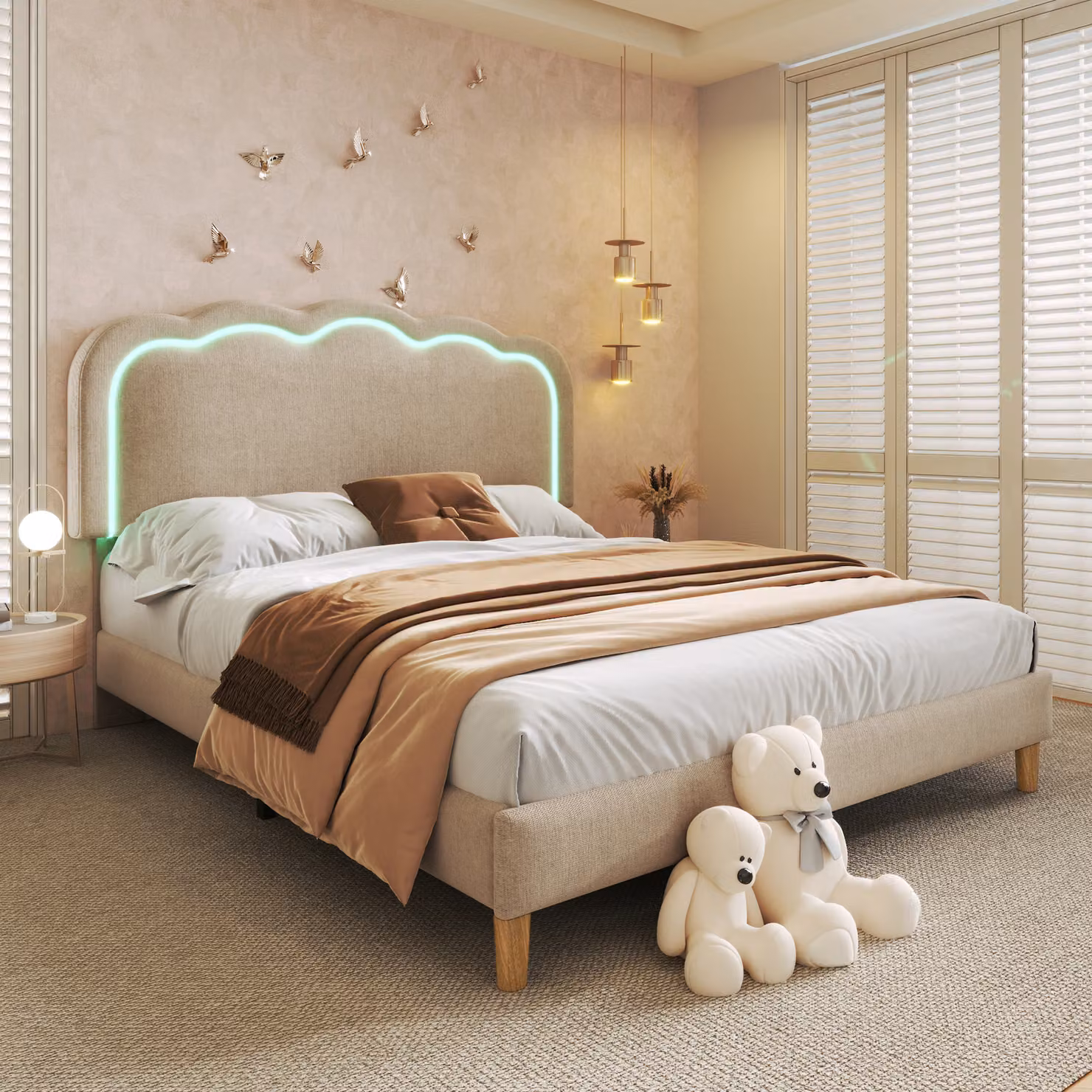 Letto imbottito Flieks 140x200cm con rete a doghe, letto per ragazzi letto per bambini con rete a doghe, letto matrimoniale letto classico in legno, lino, beige