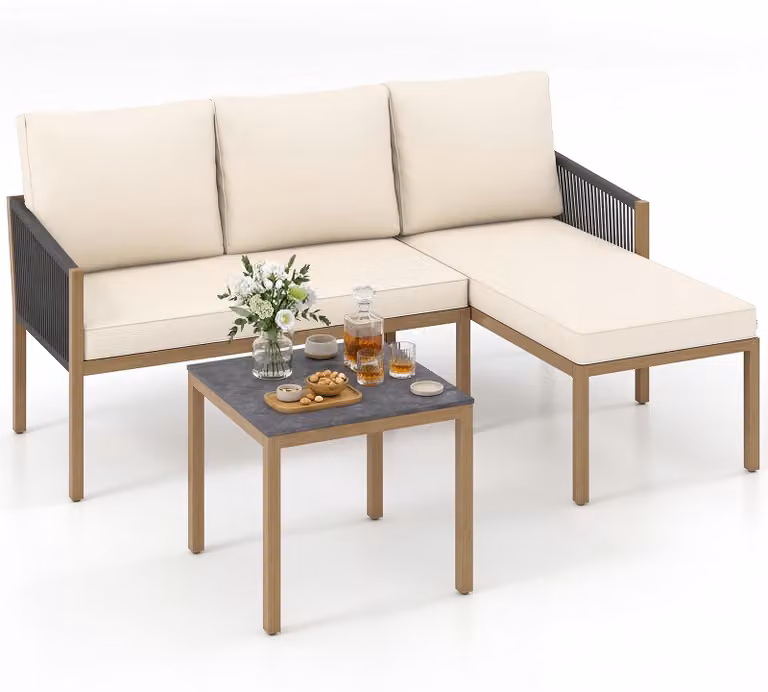 COSTWAY Set da esterno 3 pezzi, salottino da giardino con tavolo e cuscini, set di mobili da giardino, mobili da balcone, mobili da terrazza, salottino, set di sedute