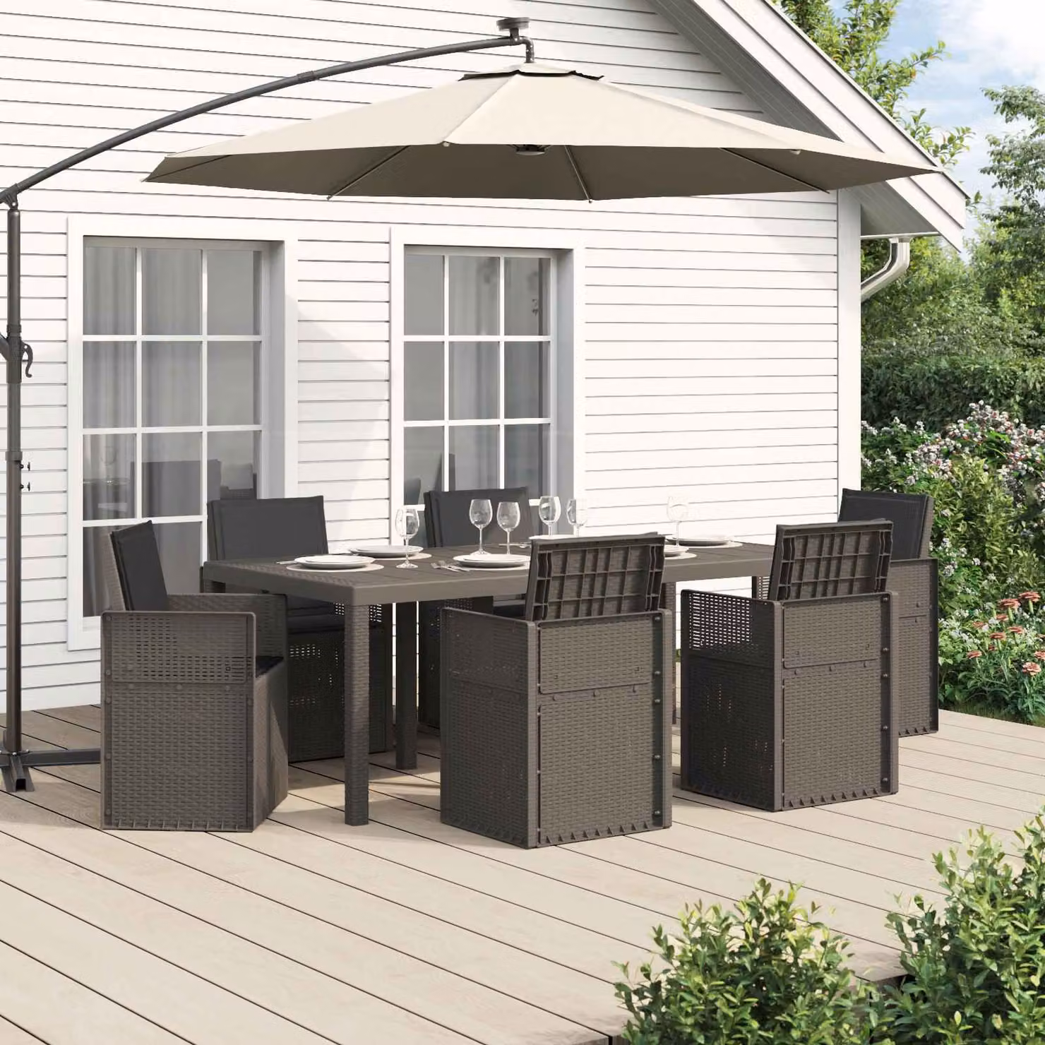 Set da pranzo per giardino e terrazzo vidaXL in plastica da 7 pezzi, colore grigio chiaro e antracite