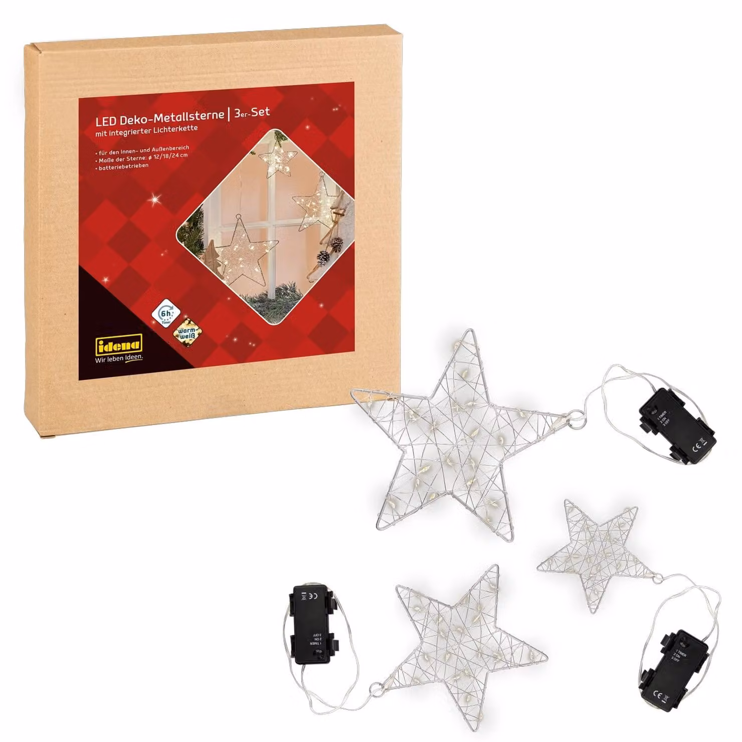 Set di 3 stelle in metallo a LED con luci, luce bianco caldo, con timer