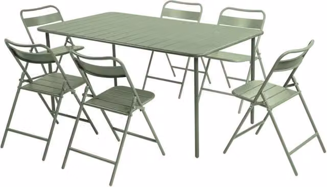 Set tavolo da giardino in acciaio con 6 sedie pieghevoli, 160cm, verde