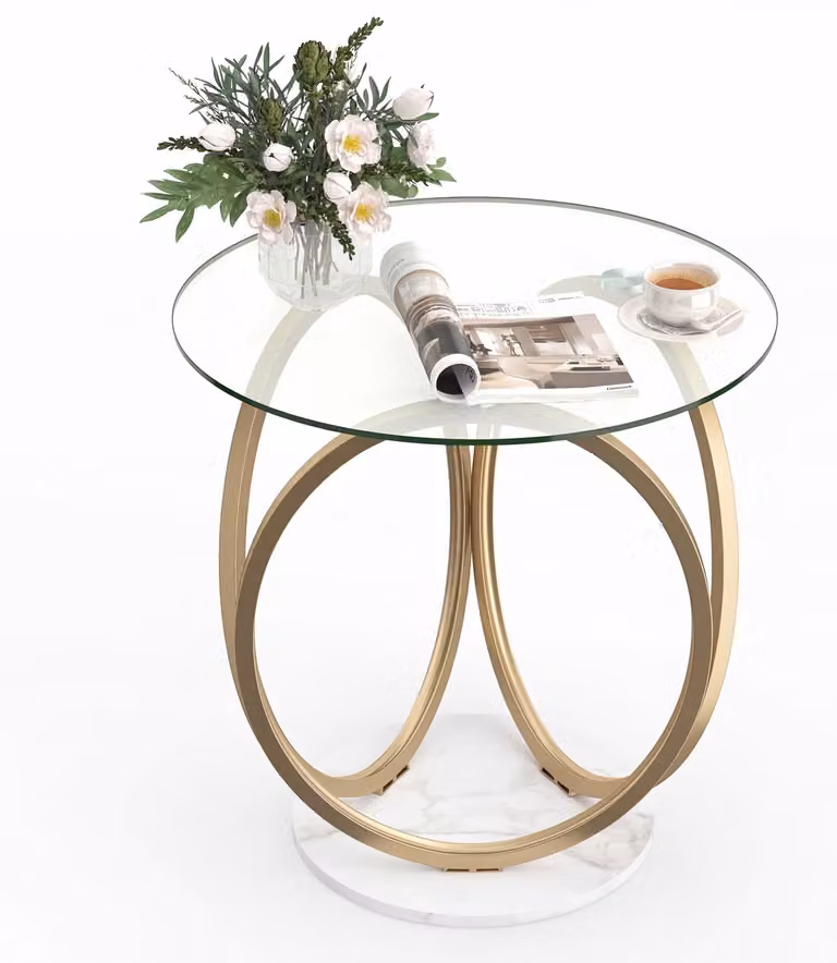 Tavolino KOMFOTTEU, rotondo, in vetro con 2 ripiani, tavolino di servizio dorato, tavolino da salotto in vetro, tavolino da caffè moderno, tavolino per divano, adatto per soggiorno, camera da letto, cucina, sala da pranzo, struttura in metallo, dimensioni