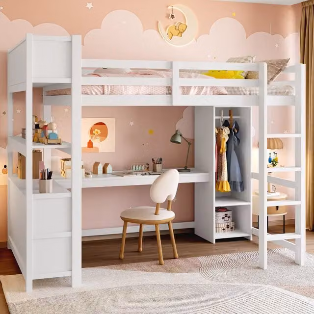 Letto a soppalco 140x200 cm con scrivania; scaffali e armadio in legno bianco