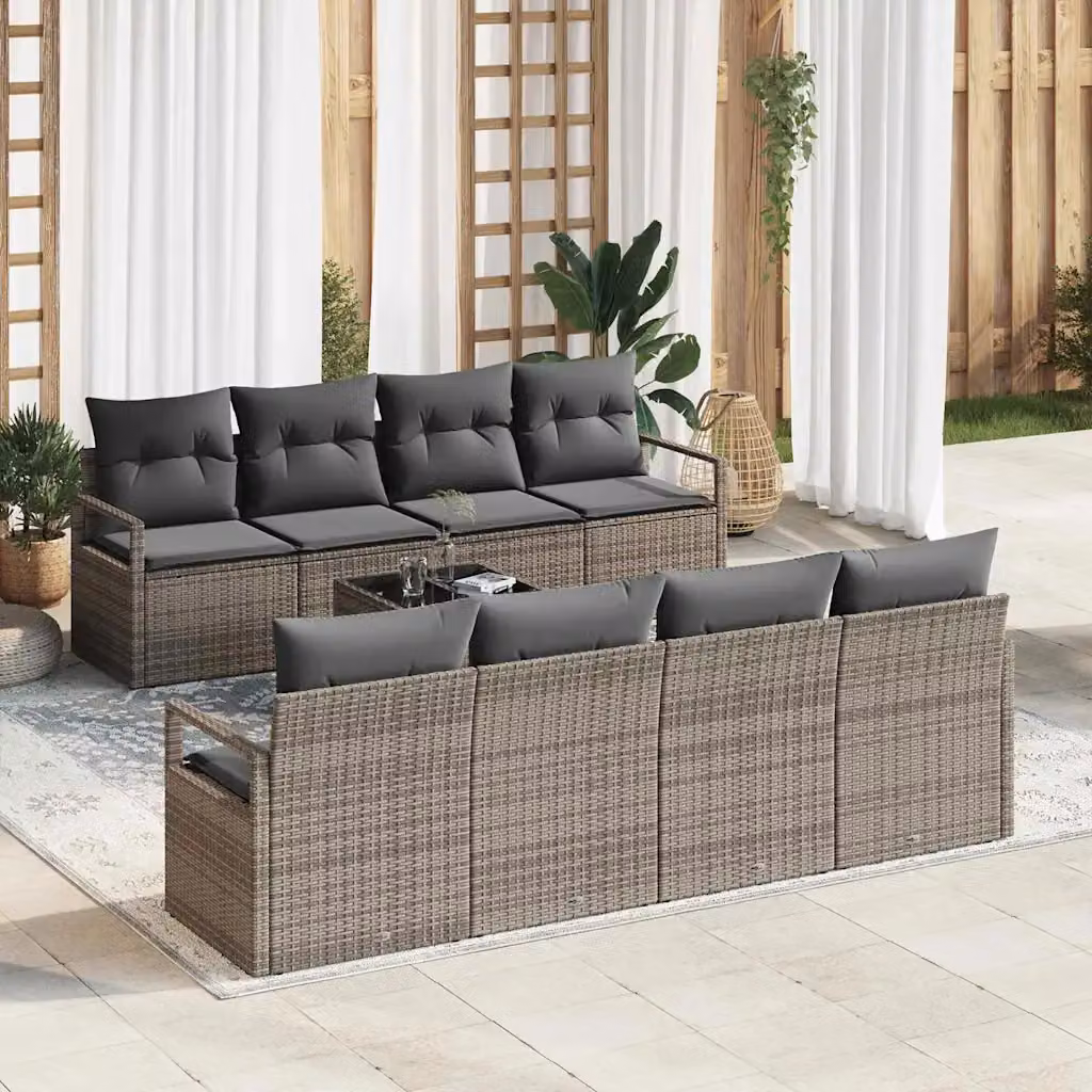vidaXL Set Divano da Giardino 9 Pezzi con Cuscini e Tavolino da Caffè Grigio in Polyrattan e Metallo – 1