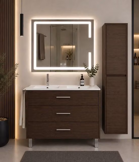 Mobile bagno con lavabo ORIGENBATH RIBERA senza specchio 120x45 cm doppio lavabo frassino tea con colonna