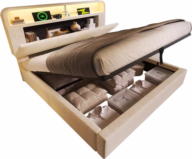 Letto matrimoniale 140x190 cm in velluto con contenitore; LED e USB; beige
