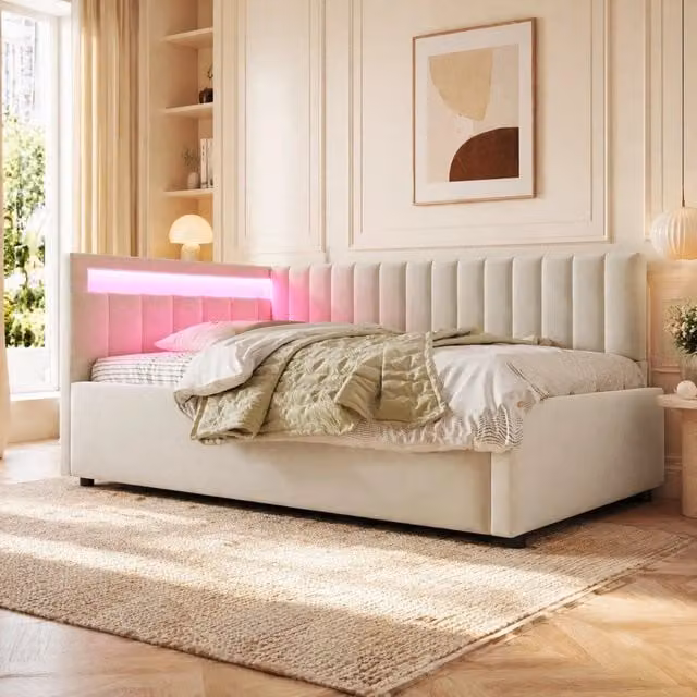 Letto imbottito Mivray con contenitore idraulico e illuminazione LED in velluto beige L/P/H: 90 x 200 x 34 cm
