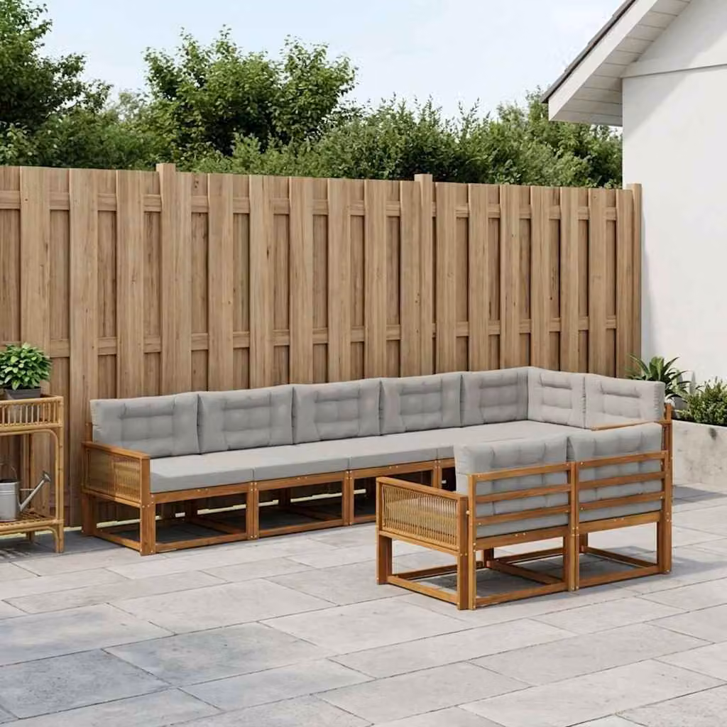vidaXL Set di divani da esterno a forma di L composto da 8 pezzi in legno di acacia con cuscini, colore beige, grigio e marrone
