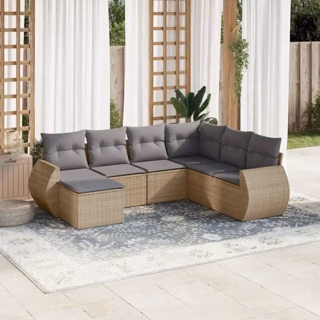 vidaXL Set Divani da Giardino 7 pz a Forma a L in Polyrattan con Cuscini Beige e Grigio – 1