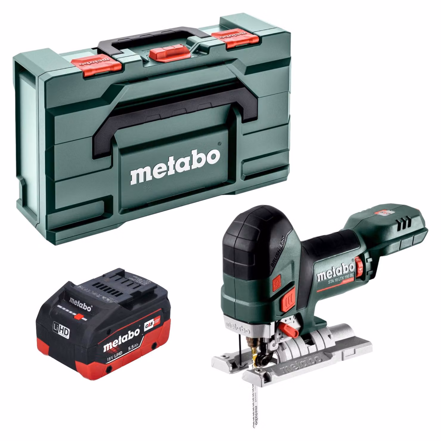 Sega a gattuccio a batteria Metabo STA 18 LTX 150 BL 18 V 150 mm Brushless + 1x batteria LiHD 5,5 Ah + Metabox - senza caricabatterie