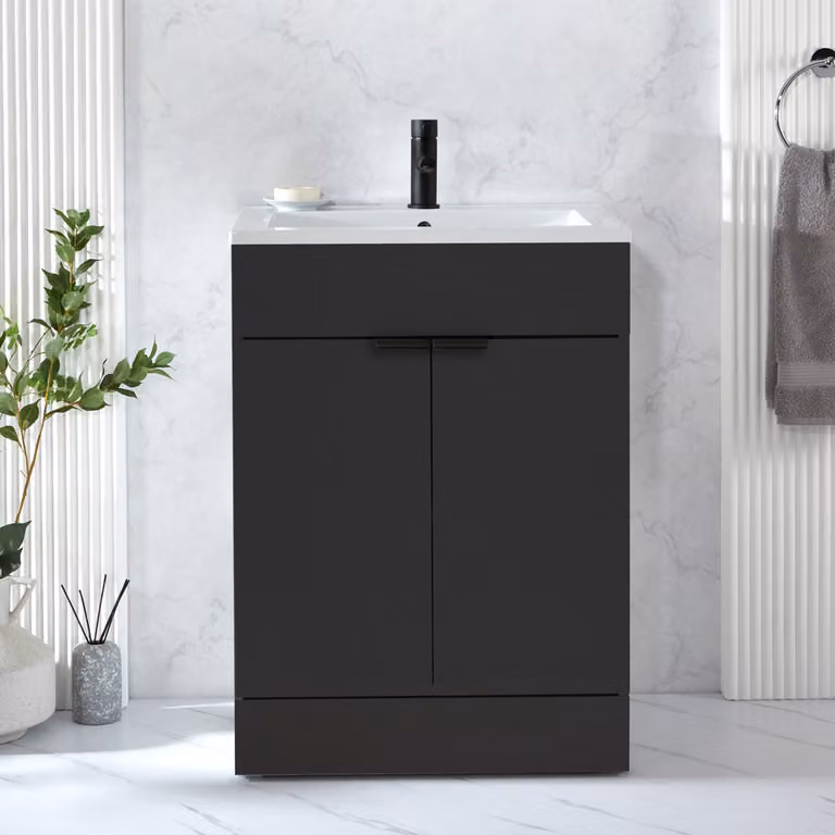 Mobile Bagno a Terra Grigio Nero da 610mm con Lavabo e Maniglie Nere con Impugnatura a Dito - Cluo