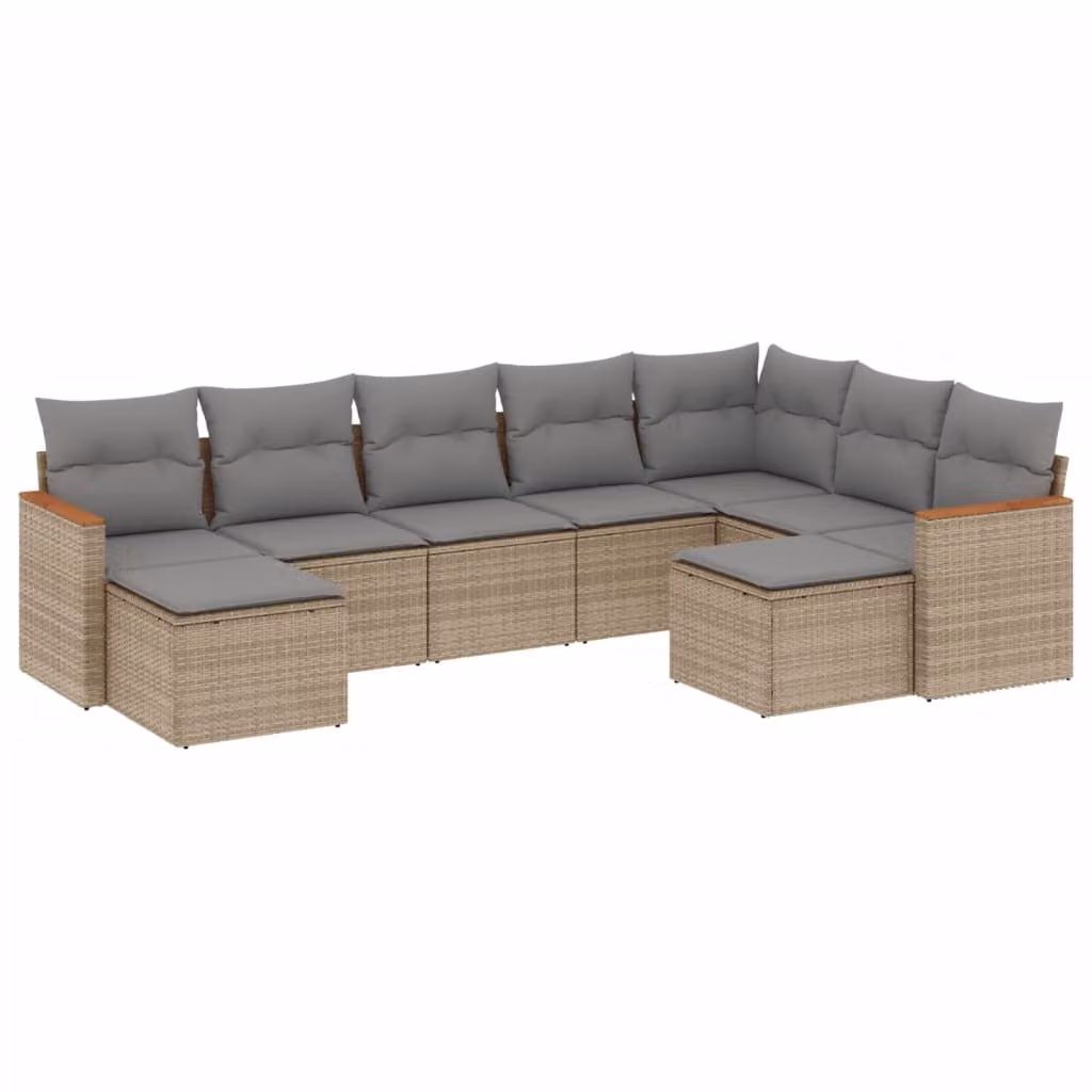 Set Divano da Giardino 9 pz con Cuscini Beige Misto Polyrattan