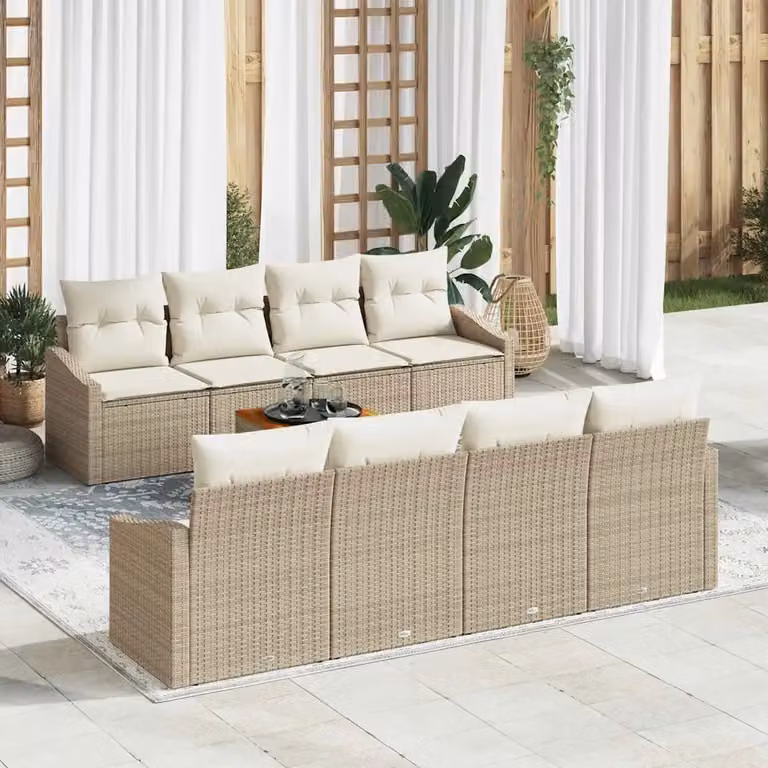 Set Divano da Giardino vidaXL 9 Pezzi in Polyrattan Beige con Cuscini e Tavolino da Esterno