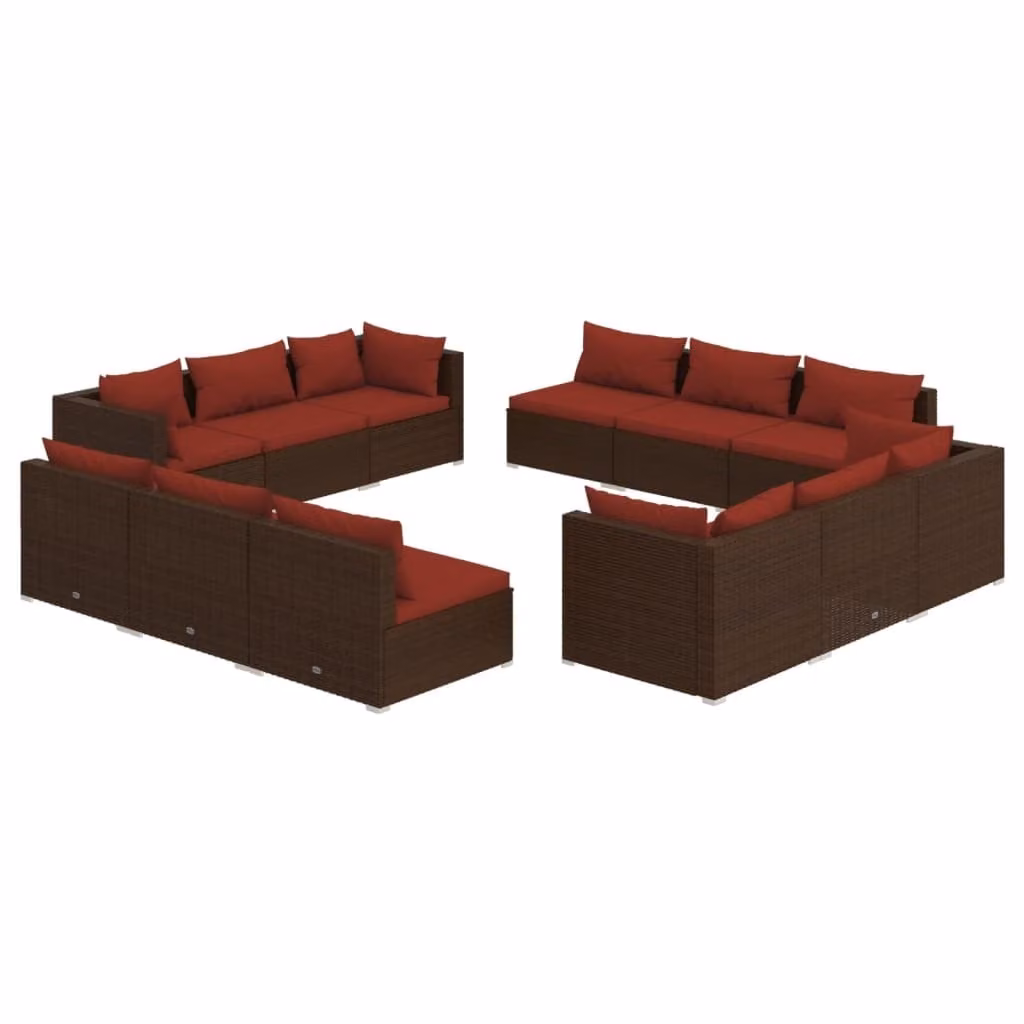 Set Divani da Giardino 12 pz con Cuscini in Polyrattan Marrone