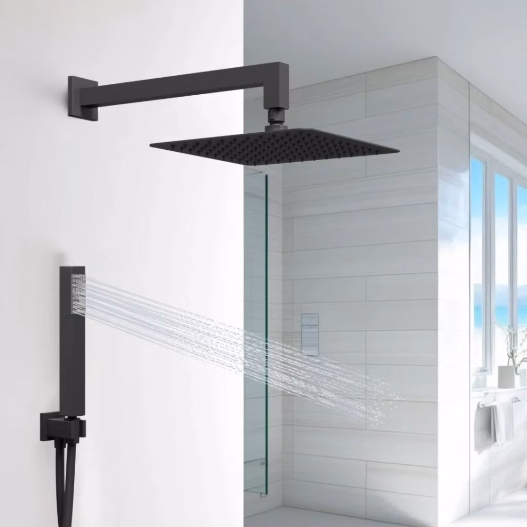 Kit doccia OGOMONDO nero opaco con soffione quadrato, braccio e doccetta flessibile in PVC per installazione a parete – 2
