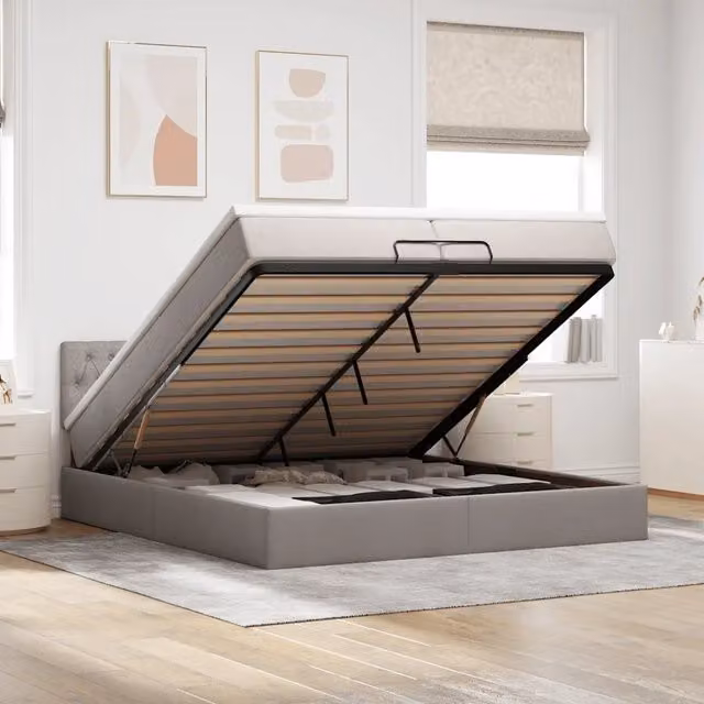 Letto con contenitore a sollevamento vidaXL in tessuto beige e grigio con porta USB e illuminazione sottostante L: 200 cm, P: 200 cm, H: 280 cm
