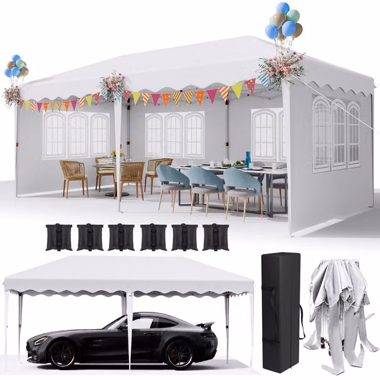 Gazebo da esterno 3x6 metri, impermeabile, stabile, con protezione UV 50+ e tessuto Oxford 420D bianco. Altezza regolabile, completo di 6 pannelli laterali