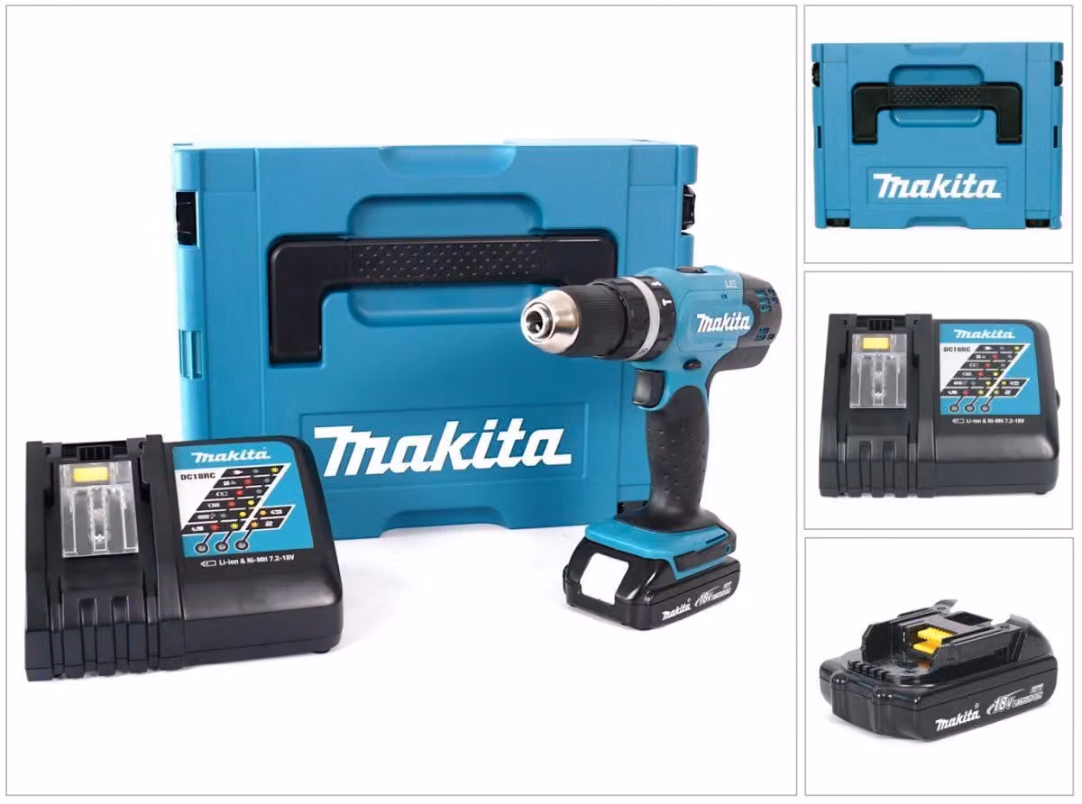 Makita DHP 453 Y1J-D Trapano a percussione a batteria 18V 42Nm in MAKPAC + batteria 1,5 Ah + caricabatterie