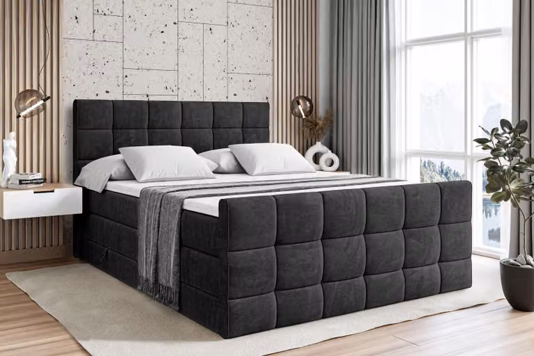 Letto boxspring ALTDECOR con materasso e rete a doghe - APO -Z KING - 180x200 cm - Velluto nero - Coprimaterasso, testiera, letto imbottito con contenitore, letto con vano portaoggetti H3 e H4 - Materasso, letto matrimoniale, letto boxspring