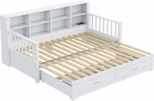 Divano Letto Estraibile in Legno Massello di Pino 90/180x190 cm con Armadietto, Presa di Ricarica e 2 Cassetti, Bianco